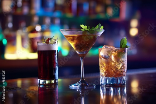 Three alcoholic beverages, a cocktail, a beer, and a whisky, sit on a bar countertop in a dimly lit bar.