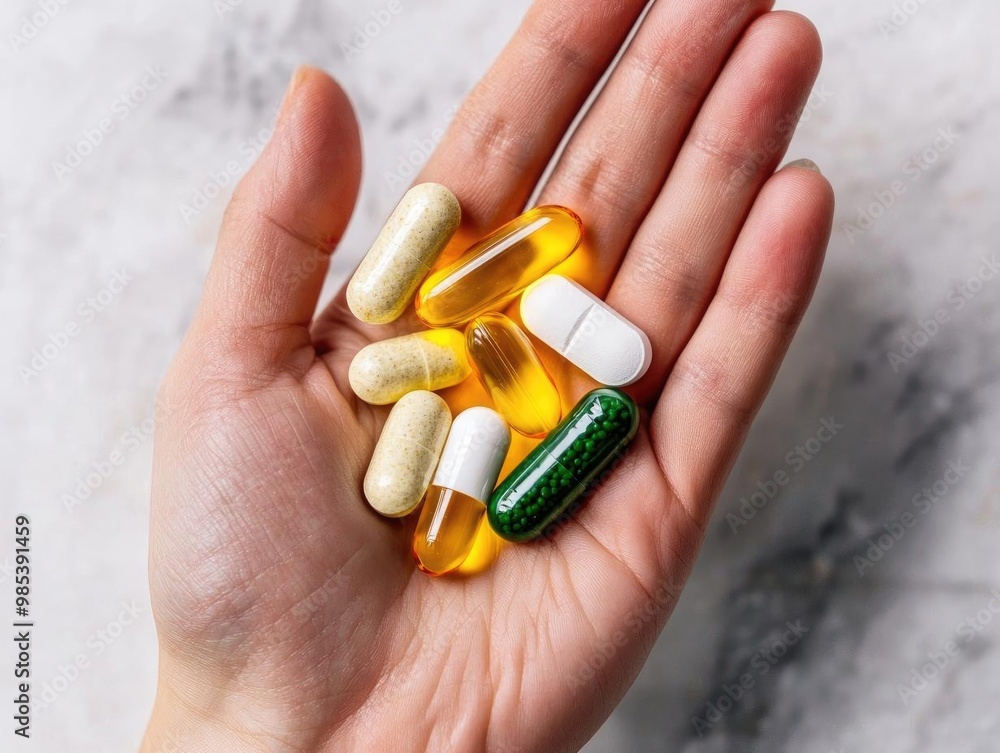 Colorful dietary supplements held in a hand, showcasing various shapes and sizes of vitamins and capsules for health. Colorful dietary supplements held in a hand, showcasing various shapes and sizes of vitamins and capsules for health.