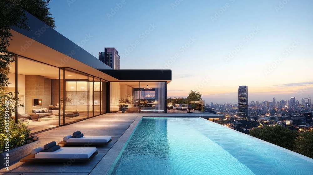 Rooftop swimming pool on a modern home with glass walls, offering stunning views of the surrounding cityscape. Rooftop swimming pool on a modern home with glass walls, offering stunning views of the surrounding cityscape.