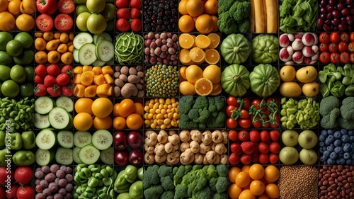 Collage of fresh vegetables, fruits, and seeds in square format for World Food Day and Vegan Day