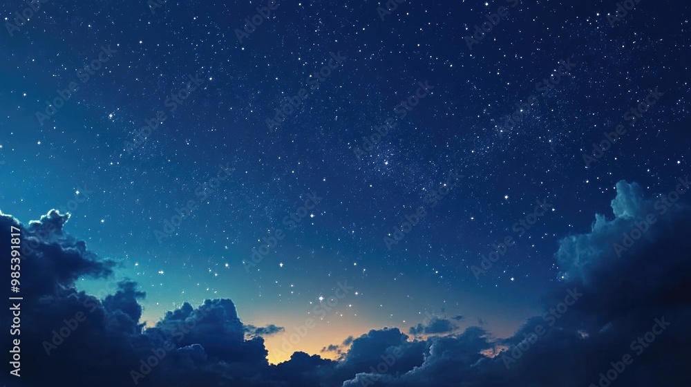 Naklejka premium Tiny stars twinkling softly across a clear night sky, with a dynamic, realistic background of deep blue and light reflecting off clouds