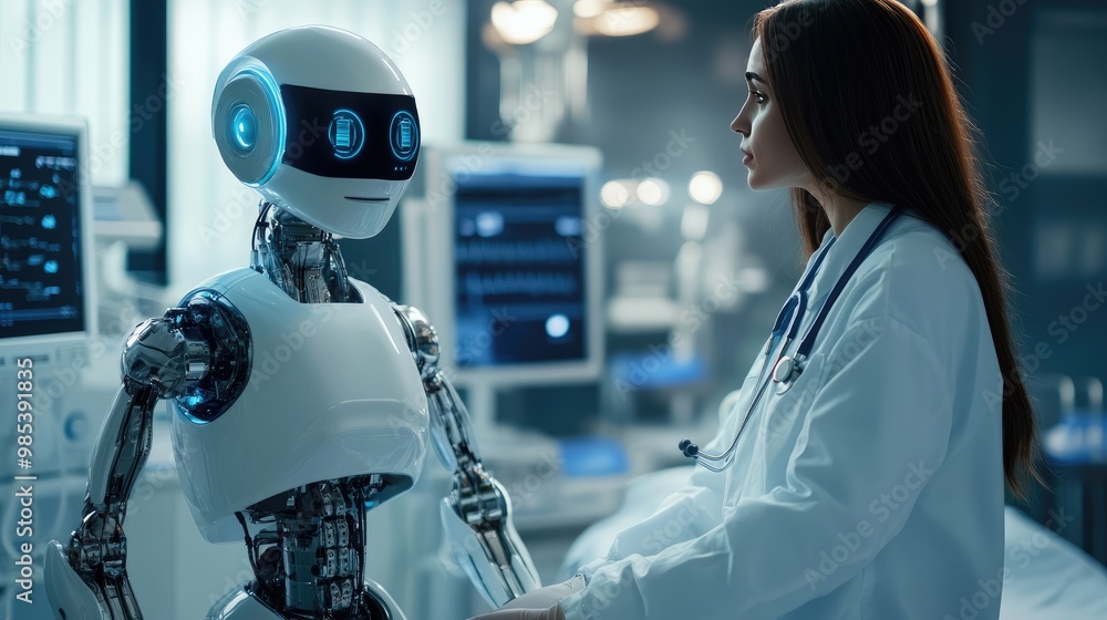 AI robot performing complex medical tasks under physician supervision in a high-tech healthcare facility AI robot performing complex medical tasks under physician supervision in a high-tech healthcare facility