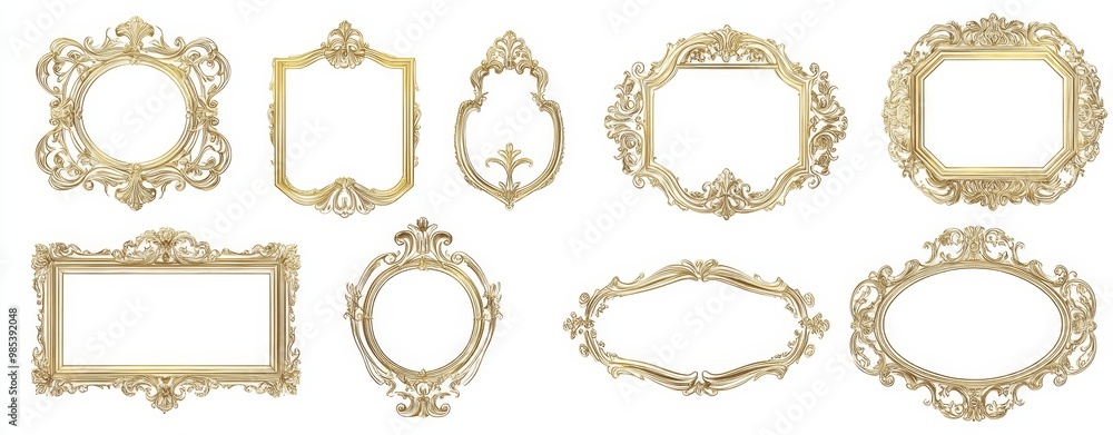 Eight ornate gold picture frames isolated on white background. Eight ornate gold picture frames isolated on white background.