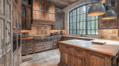 Rustic kitchen with distressed wood cabinets, stone countertops, and vintage-inspired lighting, evoking a cozy, country charm.