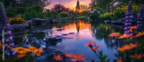 Serene Sunset Over Tranquil Garden Pond