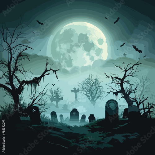 Dark halloween background with cemetery and full moon, Halloween elements, Happy Halloween