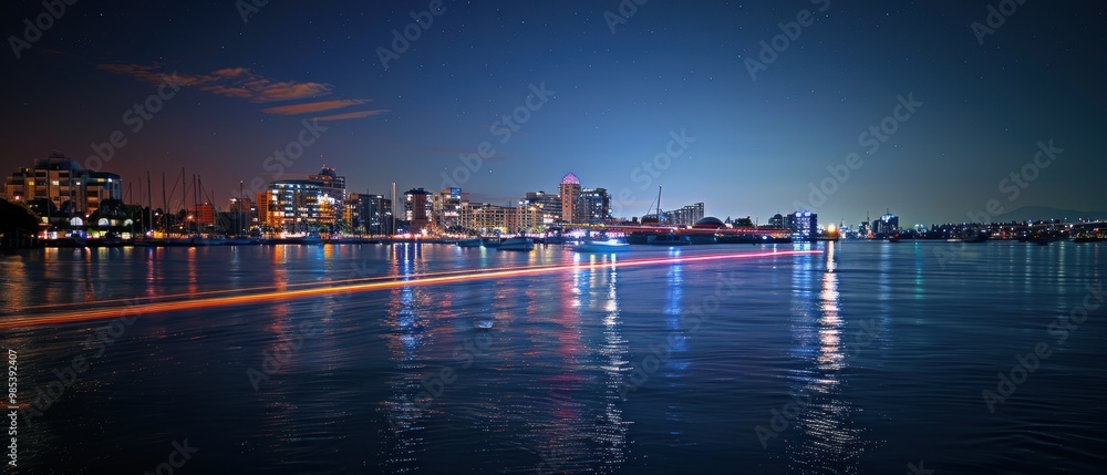 Fototapeta premium Nighttime Cityscape Reflection Across Serene Water