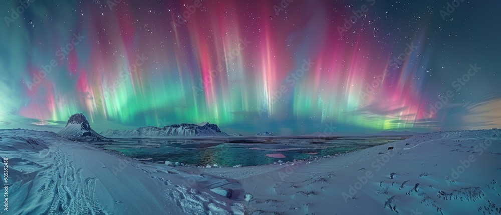 Majestic Aurora Borealis Over Snowy Landscape Majestic Aurora Borealis Over Snowy Landscape