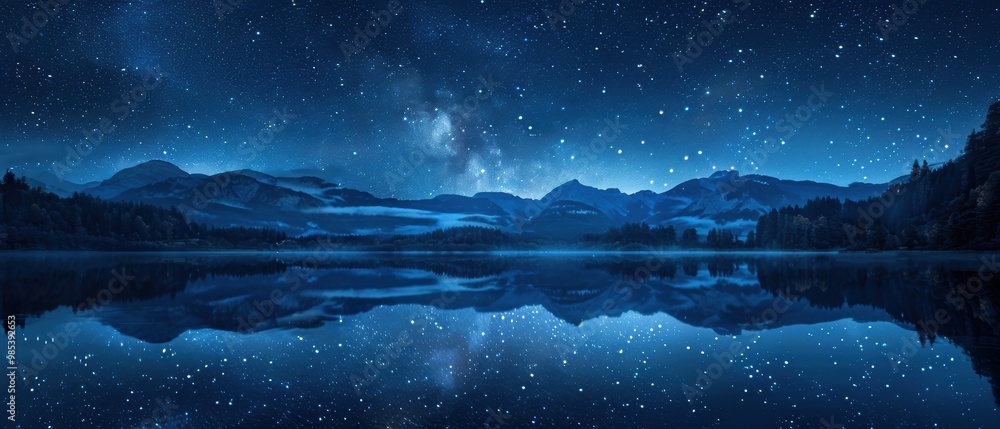 Starry Night Over Calm Lake and Mountain Landscape Starry Night Over Calm Lake and Mountain Landscape
