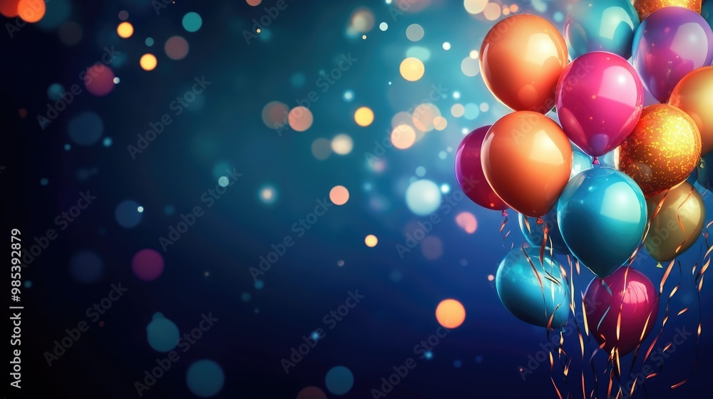 Classic birthday background featuring a cascade of balloons in traditional hues, complemented by soft, celebratory lighting effects Classic birthday background featuring a cascade of balloons in traditional hues, complemented by soft, celebratory lighting effects