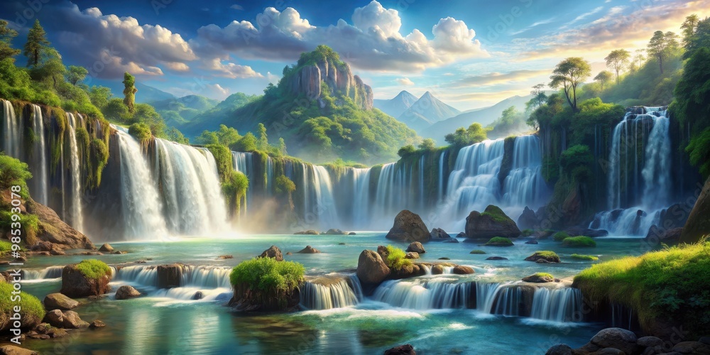 Fototapeta premium of a stunning fantasy river landscape with cascading waterfalls, fantasy, river, landscape, waterfalls, beautiful,nature