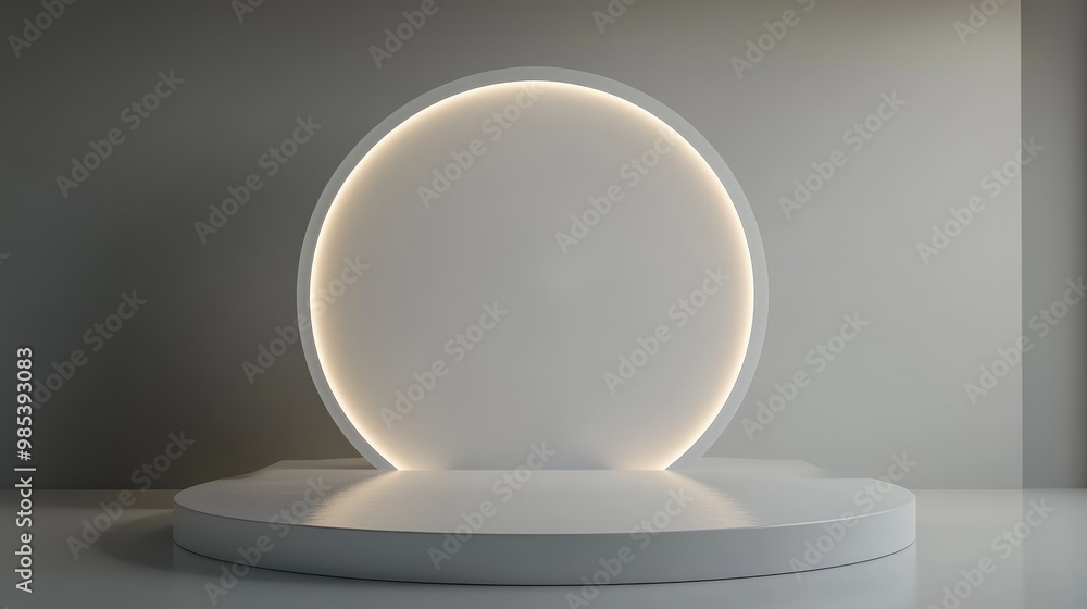 Clean white round podium with ambient light and smooth shadow contrasts, providing a sleek and contemporary display backdrop Clean white round podium with ambient light and smooth shadow contrasts, providing a sleek and contemporary display backdrop
