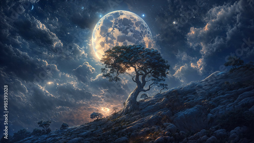 Beneath a glowing, ethereal moon, a lone tree stretches toward the heavens, rooted in a surreal landscape of clouds and stars