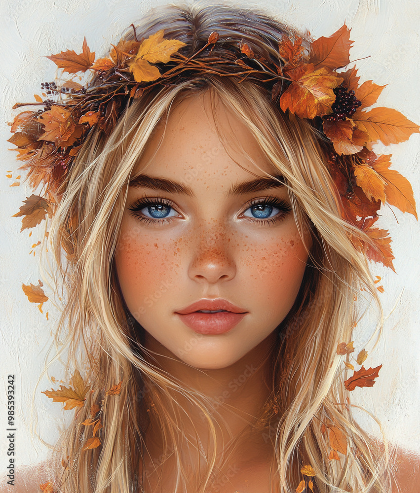 A girl in a wreath of autumn leaves. A girl in a wreath of autumn leaves.