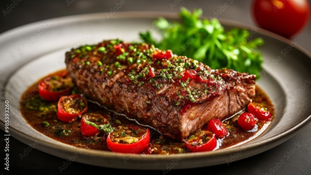 Deliciously grilled steak with vibrant tomatoes and fresh greens Deliciously grilled steak with vibrant tomatoes and fresh greens