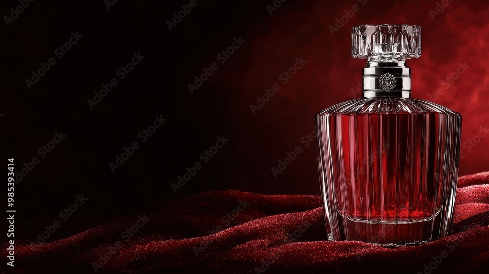 Close-up of a high-end perfume bottle with a bold Black Friday discount label, set against a deep red velvet background with ample space for text Close-up of a high-end perfume bottle with a bold Black Friday discount label, set against a deep red velvet background with ample space for text