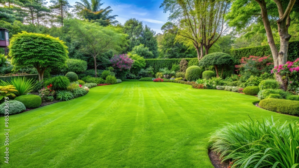 Obraz premium Lush green grass in a beautifully manicured garden, grass, garden, outdoors, natural, landscaping, environment, greenery, flora