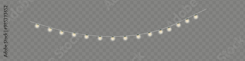 Lights bulbs border isolated on transparent background. Glowing fairy Christmas garland string. Vector New Year party led lamps decoration