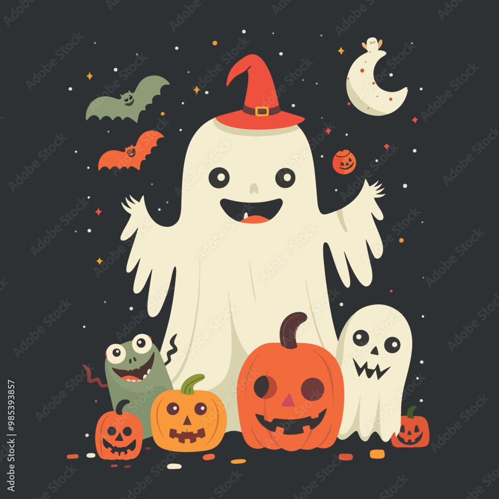 Fototapeta premium Flat illustration of Smiling ghost with other halloween monsters, Halloween elements, Happy Halloween