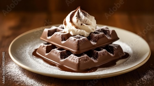 Delicious chocolate waffles with a scoop of vanilla ice cream