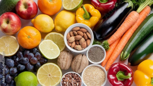 White background featuring fresh fruits, vegetables, nuts, and grains for a balanced diet