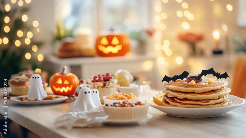 Fototapeta premium A cozy Halloween family breakfast with jack-o-lantern pancakes ghost fruit cups