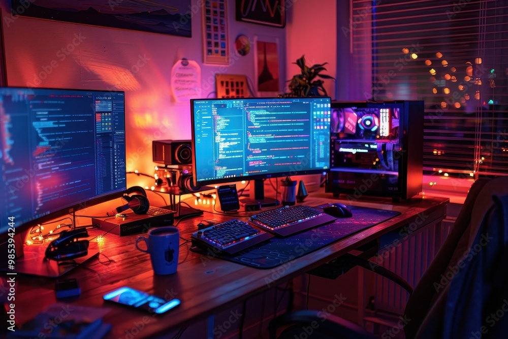 A computer desk with two monitors, a keyboard, and a mouse A computer desk with two monitors, a keyboard, and a mouse