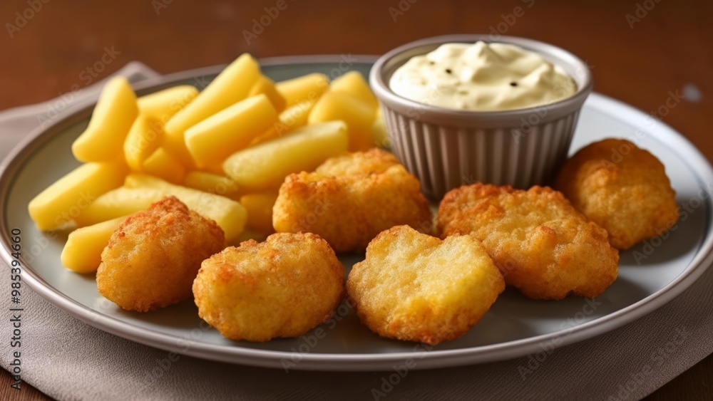 Delicious goldenbrown tater tots and fries ready to be enjoyed Delicious goldenbrown tater tots and fries ready to be enjoyed
