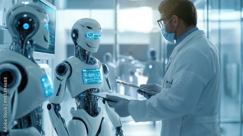 Medical professional programming AI robots for specific tasks in a high-tech healthcare environment Medical professional programming AI robots for specific tasks in a high-tech healthcare environment