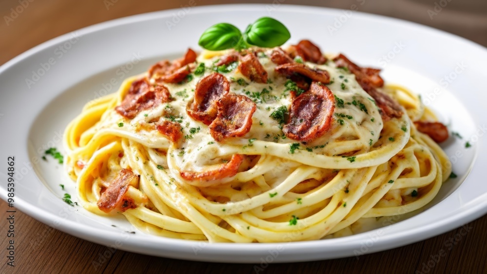 Deliciously creamy pasta dish with bacon and herbs Deliciously creamy pasta dish with bacon and herbs