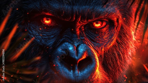 Powerful gorilla gazes intensely with fiery eyes against a dark jungle backdrop at twilight, radiating mystique and strength photo