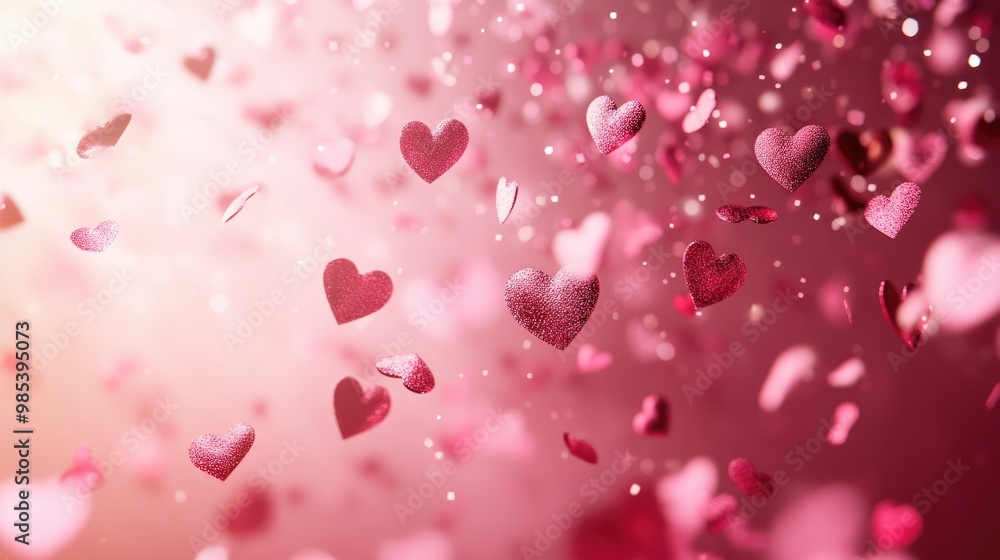 Obraz premium Soft pink gradient with floating heart shapes and gentle bokeh lights, ideal for a romantic Valentine Day template