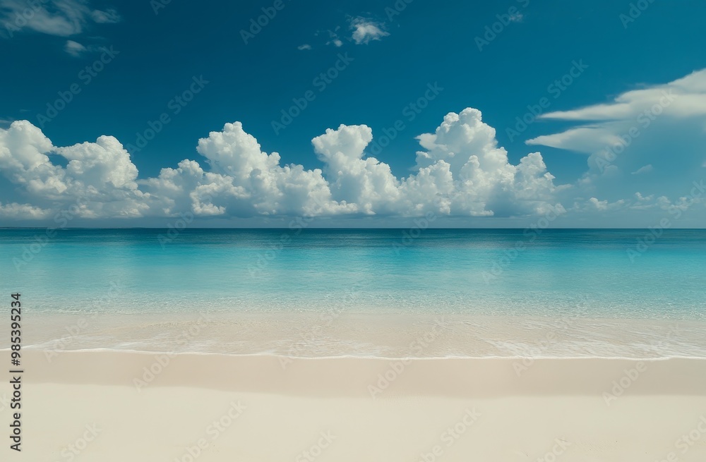 Fototapeta premium Tranquil beach scene with soft, white sand, gentle waves, and a clear blue sky with fluffy clouds.