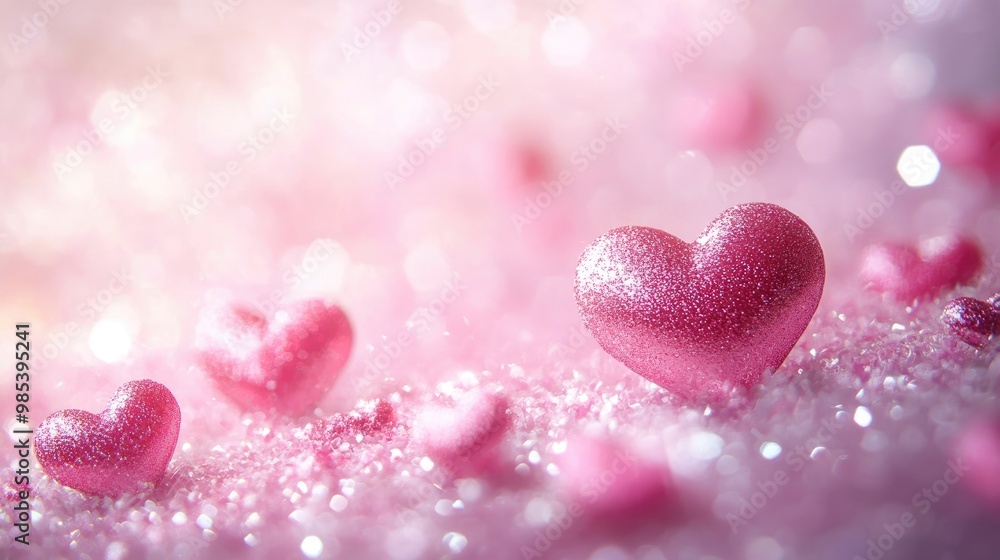 Fototapeta premium Soft pink gradient with floating heart shapes and gentle bokeh lights, ideal for a romantic Valentine Day template