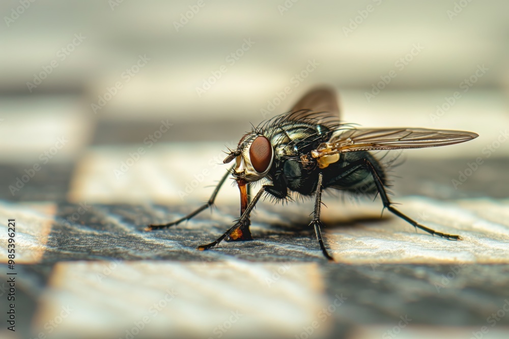 Close-up shot of small fly on chequered texture with blurred background. Insect wings, body are in focus, while surrounding pattern is out of focus. Fly delicate features are visible in sharp detail. Close-up shot of small fly on chequered texture with blurred background. Insect wings, body are in focus, while surrounding pattern is out of focus. Fly delicate features are visible in sharp detail.