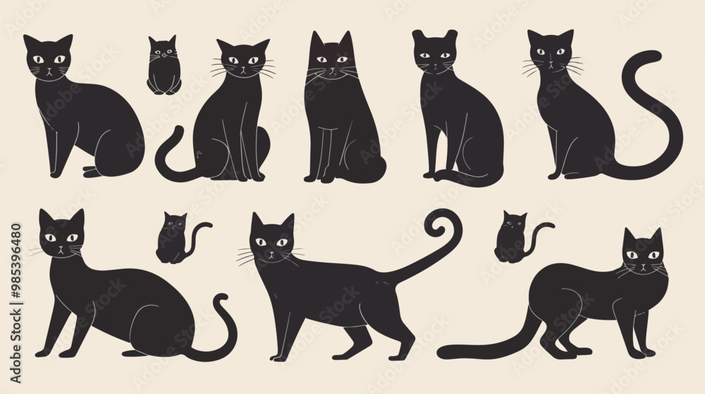 Flat lay design Hand drawn halloween black cats collection, Halloween elements, Happy Halloween Flat lay design Hand drawn halloween black cats collection, Halloween elements, Happy Halloween