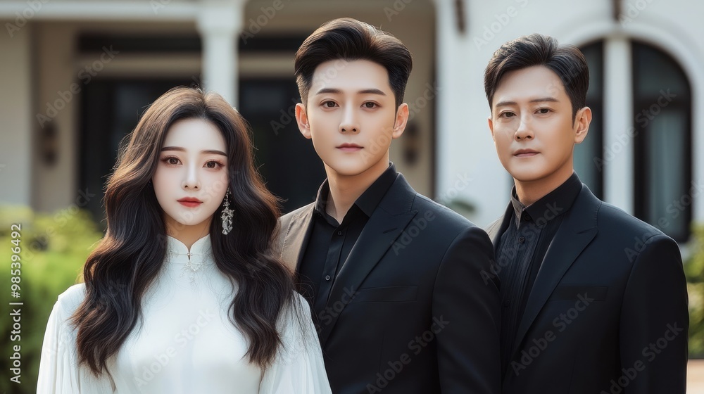 Three people are standing in front of a house Three people are standing in front of a house