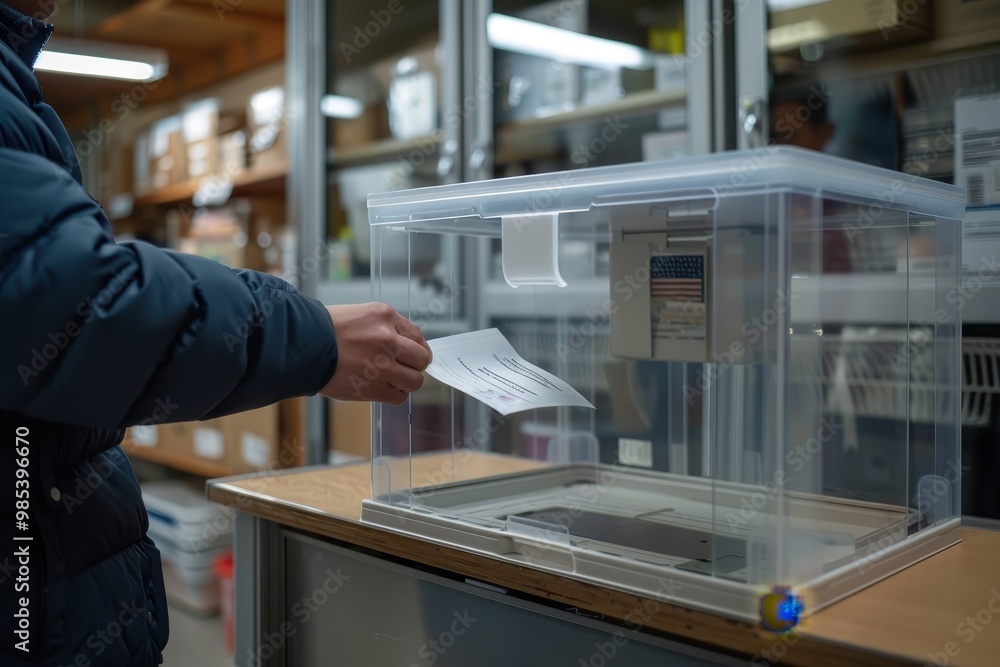 A person is putting a piece of paper into a voting machine A person is putting a piece of paper into a voting machine