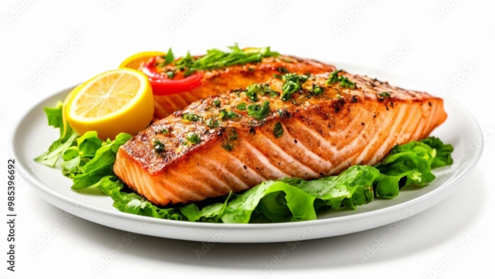 Deliciously grilled salmon with lemon and greens Deliciously grilled salmon with lemon and greens