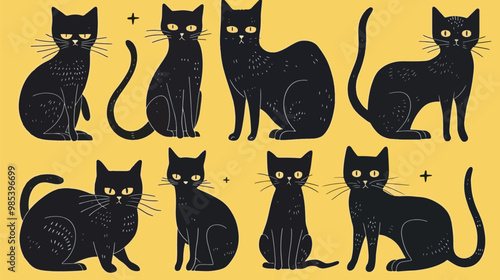 Flat lay design Hand drawn halloween black cats collection, Halloween elements, Happy Halloween