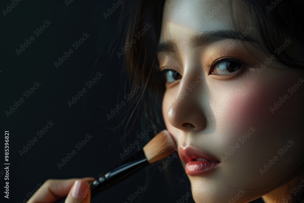 Asian model applies bold red lipstick with brush, focusing on the camera, against dark background, promoting beauty and makeup products, suitable for editorial fashion photo shoots. Asian model applies bold red lipstick with brush, focusing on the camera, against dark background, promoting beauty and makeup products, suitable for editorial fashion photo shoots.
