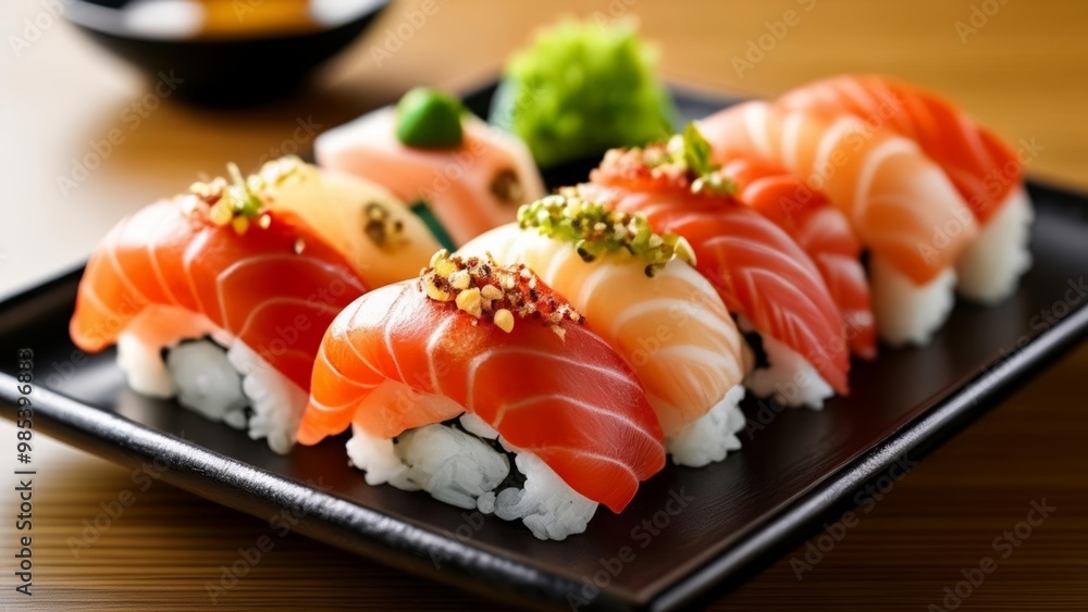 Delicate sushi artistry on a wooden table Delicate sushi artistry on a wooden table