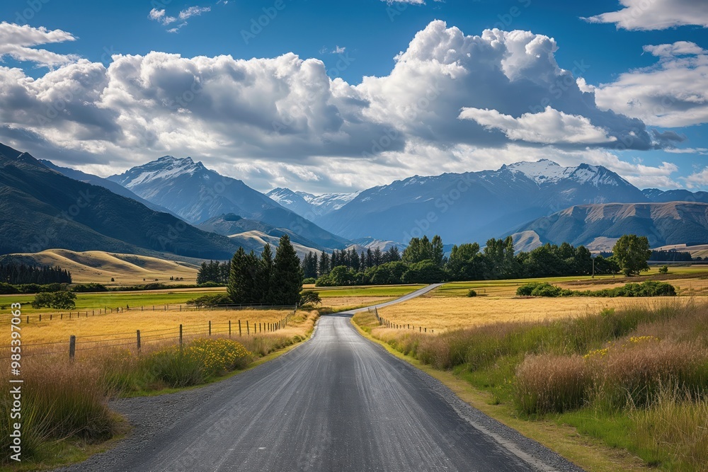 Naklejka premium Asphalt road winds through green fields and hills to rugged mountains in New Zealand. Rolling countryside stretches to majestic peaks. Clouds drift lazily across the sky.