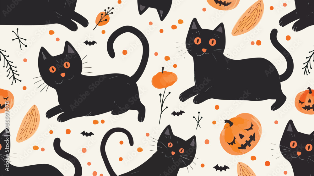 Flat lay design Hand drawn halloween black cats collection, Halloween elements, Happy Halloween Flat lay design Hand drawn halloween black cats collection, Halloween elements, Happy Halloween