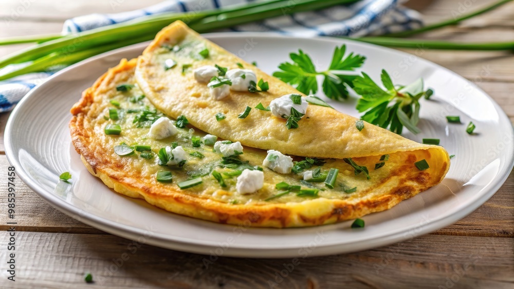 Omelette topped with blue cheese, herbs, and spring onion on a white plate , keto, diet, low carb, breakfast, healthy Omelette topped with blue cheese, herbs, and spring onion on a white plate , keto, diet, low carb, breakfast, healthy
