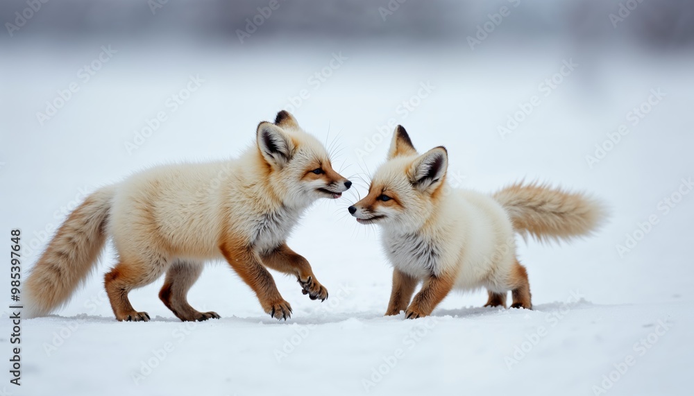 Obraz premium Two cute fox cubs playing in the snow