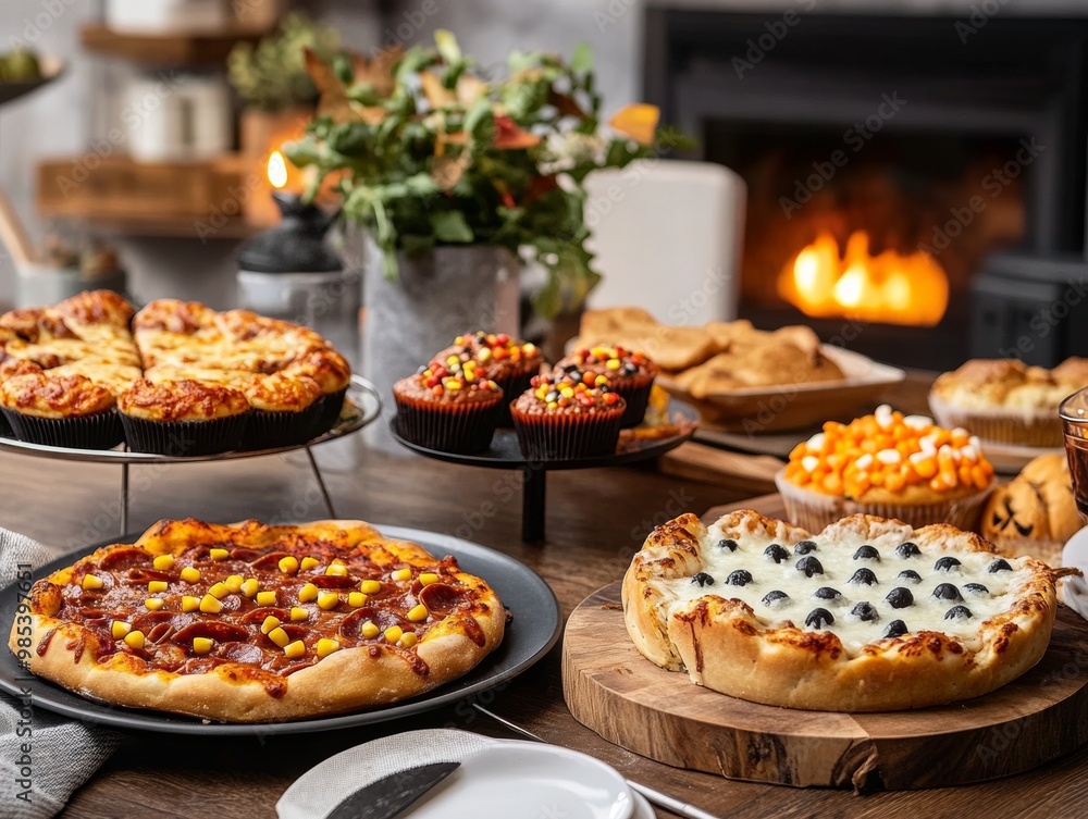 A family feast featuring spooky Halloween dishes like eyeball meatballs bat-shaped pizzas A family feast featuring spooky Halloween dishes like eyeball meatballs bat-shaped pizzas