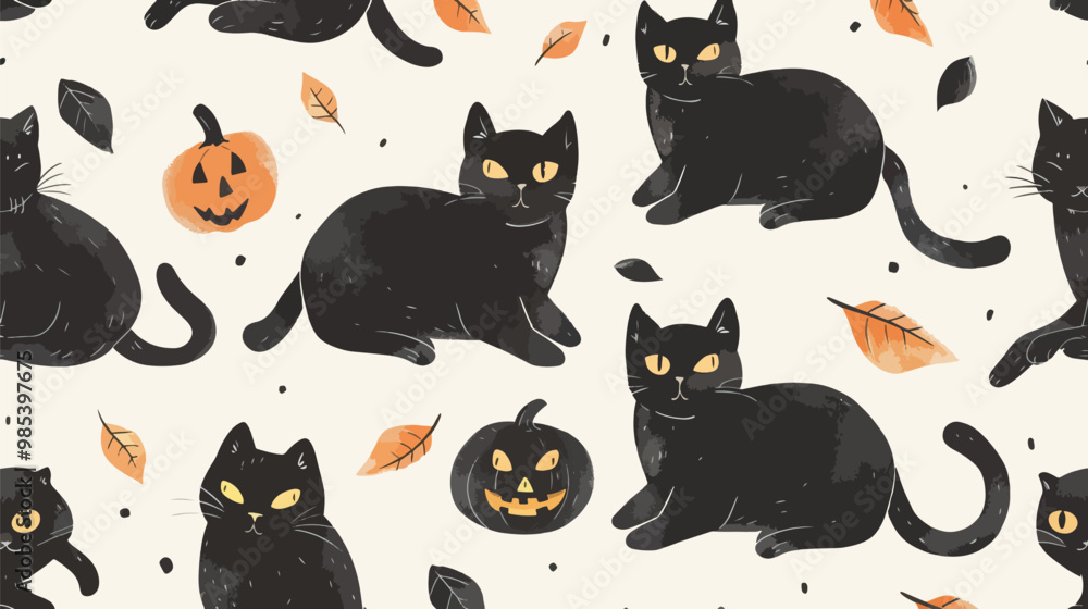 Flat lay design Hand drawn halloween black cats collection, Halloween elements, Happy Halloween Flat lay design Hand drawn halloween black cats collection, Halloween elements, Happy Halloween