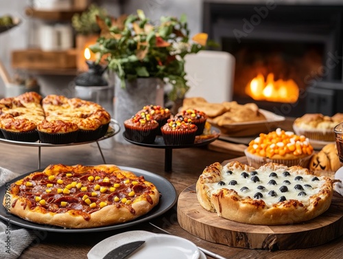 A family feast featuring spooky Halloween dishes like eyeball meatballs bat-shaped pizzas photo