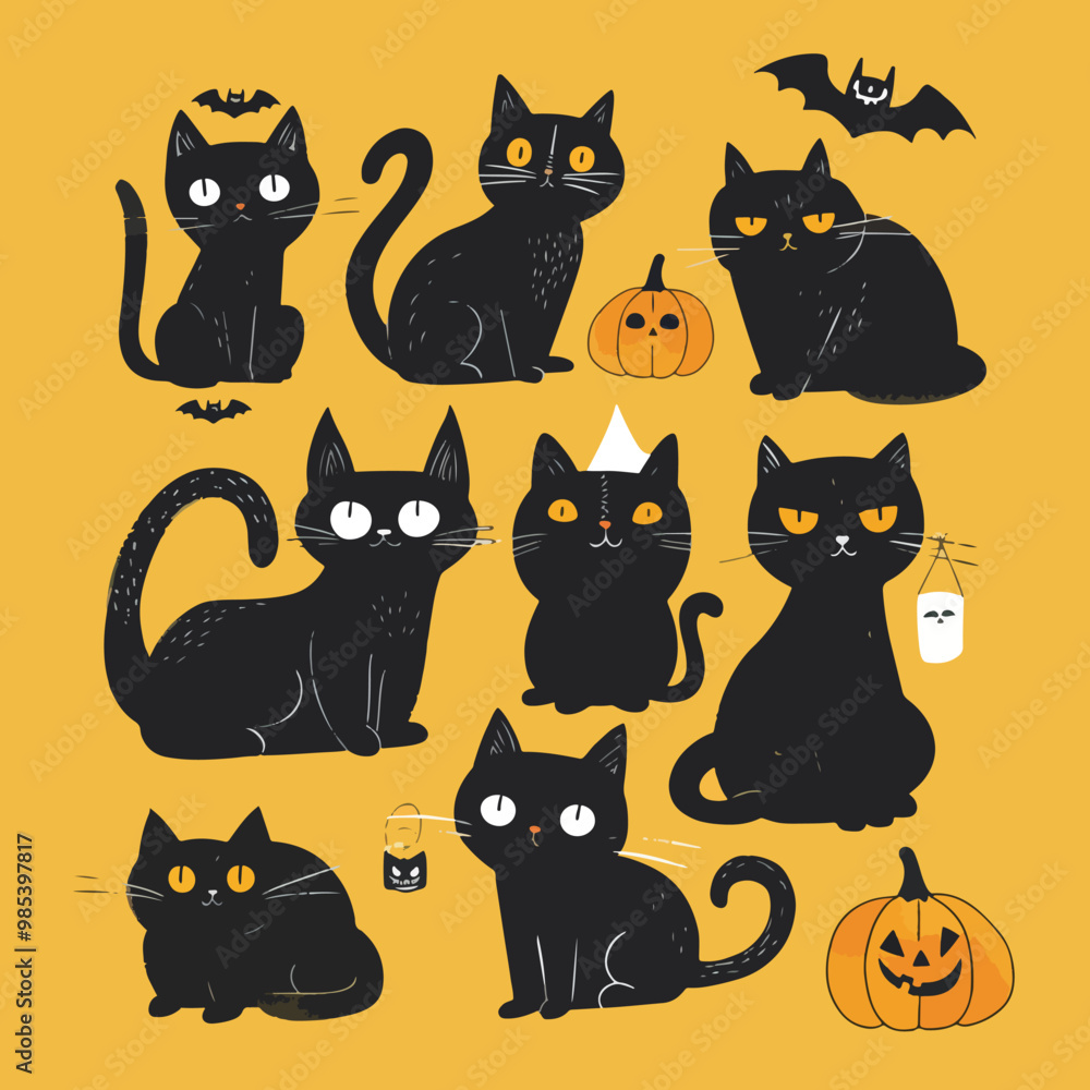 Flat lay design Hand drawn halloween black cats collection, Halloween elements, Happy Halloween Flat lay design Hand drawn halloween black cats collection, Halloween elements, Happy Halloween